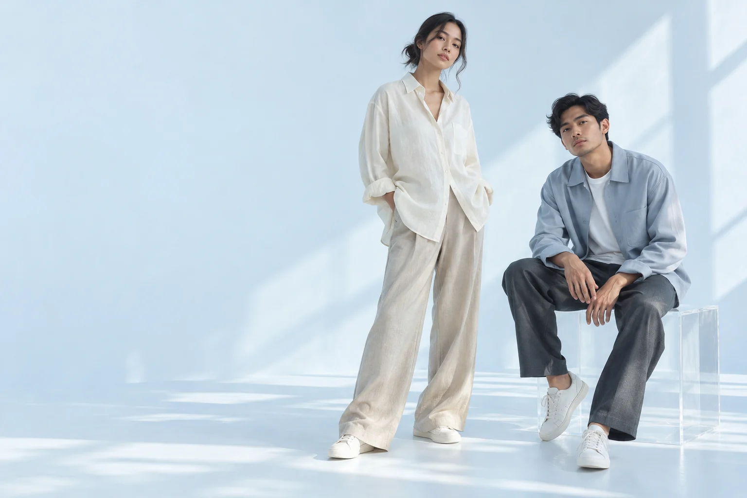 Dua model mengenakan kemeja linen ivory dan overshirt biru dengan celana relaxed dalam studio biru lembut